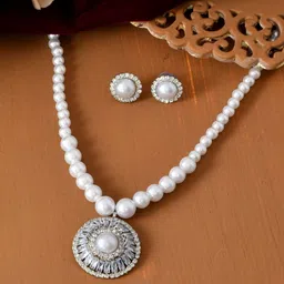 Jewels Nest Stainless Steel Silver-Plated AD Studded & Pearls Beaded Jewellery Set-image-74