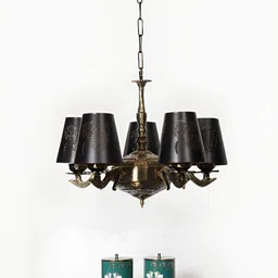 Devansh Black Textured Metal leaf Etched shade with Antique Golden Chandelier Ceiling Lamp image 1