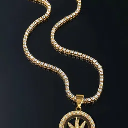 KRENOZ Men Stainless Steel Gold-Plated Rhinestone Studded Circular Pendant With Chains-picture-29