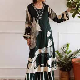 Anouk Teal Green Animal Printed V-Neck Beads & Stones Straight Kurta With Palazzos image 2