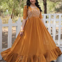 Ethnic Yard Women Floral Embroidered Square Neck Gathered Fit & Flare Maxi Ethnic Dress-image-0