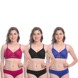 samvar Women Pink,Black,Blue Cotton Blend Bra Panty Set for Lingerie Set Undergarments Pack of 3-picture-32