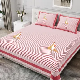 JAIPUR FABRIC Red & White Striped Cotton 254 TC King Bedsheet Set 2.74m x 2.28m-image-66
