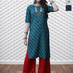 HERE&NOW Selection Of 3 Ethnic Motifs Printed Round Neck Straight Kurtas-picture-17