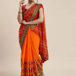 DIVASTRI Bandhani Embroidered Pure Georgette Half and Half Bandhani Saree-image-31