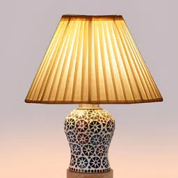 Devansh Off White Printed Wooden Frustum Shaped Table Lamp With Mosaic Glass Base image 5
