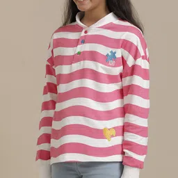 UNDER FOURTEEN ONLY Girls Striped Henley Neck Cotton T-shirt image 5