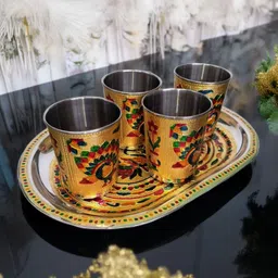 kailash enterprises Meenakari Peacock design Serving Stainless Steel Tray with Glass Tray Glass Serving Set-picture-17