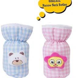 da anushi Soft Cotton Stretchable Baby Feeding Bottle Cover With Easy To Hold Strap For Newborn/Toddler Babies - Cute Attractive Teddy Cartoon With Over All Check Print | Small (60-125 ML)- Pack of 3 image 5
