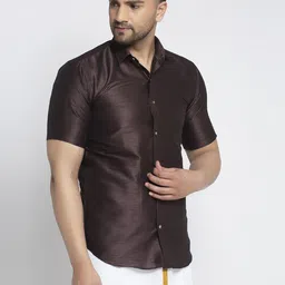 kaifoo Men Regular Fit Solid Cut Away Collar Festive Shirt image 3