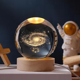 mv creations 3D Galaxy & Solar Crystal Ball Lamp LED Light Rechargeable with Wooden Base Table Lamp image 3