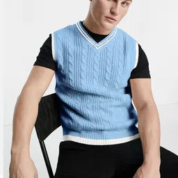 eddicted Men Self Design V Neck Blue Sweater-picture-14