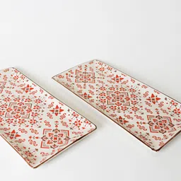 kala kriti Red Floral Pattern Ceramic Serving Platter (LxW – 32.5x16 cm) Snack & Starter Tray image 4