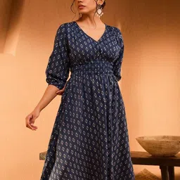 Femvy Women Floral Printed V-Neck Puff Sleeves Midi Fit & Flare Dress-image-33