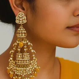 UnfoldSelf Gold-Plated Artificial Stones Studded And Beaded Geometric Drop Earrings-image-10