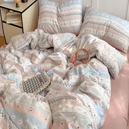 JC HOME Pink & Blue Cartoon Characters Polycotton 3 Piece Single Regular Bedding Set image 3