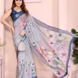 Shri salasar silk Mills Floral Pure Linen Saree image 2