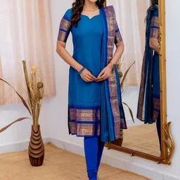 Shriyangan Floral Woven Design Zari Pure Kanchi Cotton Kurta With Dupatta-image-36