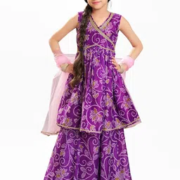 Bitiya by Bhama Girls Bandhani Printed Angrakha Anarkali Kurta With Sharara & Dupatta-picture-17