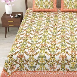 Myntra Elegant Homes Orange & Green Floral 180 TC King Bedsheet with 2 Pillow Covers-image-82