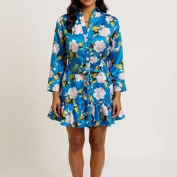 GLAM & CHIQUE Floral Print Ruffled Satin Shirt Dress-picture-22