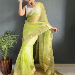 KALINI Woven Design Zari Organza Kanjeevaram Saree With Unstitched Blosue Piece image 3