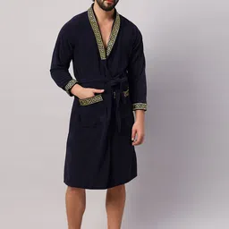 LacyLook Men Navy Blue & Yellow Embroidered Water Absorbent Bathrobe-picture-17