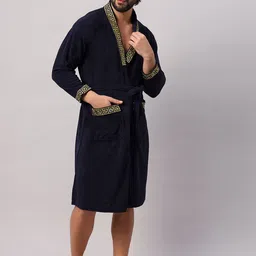 HotGown Navy Blue & Gold Toned Embroidered Pure Micro Terry Bath Robe-picture-33