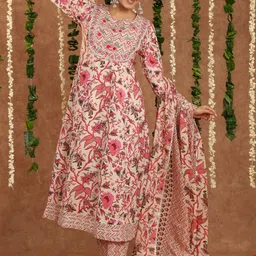 SRF JAIPUR Women Floral Printed Panelled Pure Cotton Kurta with Trousers & With Dupatta image 4