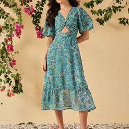 D 'VESH Women Floral Printed Puff Sleeve Fit & Flare Midi Dress-picture-41