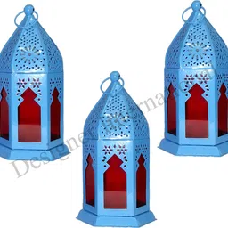Designer International Decorative Moksha Hanging Lantern/Lamp with t-Light Candle, SET OF 6 Black, Blue Iron Table Lantern image 2