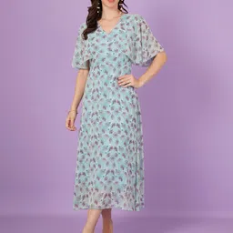 Curvydrobe Women Floral Printed V-Neck Flared Sleeve Georgette A-Line Maxi Dress-image-55