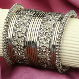 Sangria Set Of 16 Oxidised Floral Design Bangles image 1