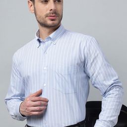 Hancock Classic Fit Striped Button-Down Collar Pure Cotton Oxford Chambray Formal Shirt-picture-18