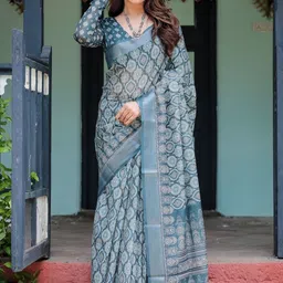 MAHARANI COUTURE Ethnic Motifs Zari Pure Linen Handloom Banarasi Saree image 4