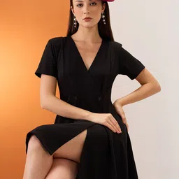 Globus V-Neck Hong Button Double Breasted Mini Workwear Wrap Blazer Dress-image-33