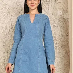 PUELLA Women V-Neck Denim A-Line Dress-picture-21