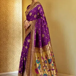 Mitera Woven Design Zari Silk Blend Heavy Work Paithani Saree image 2