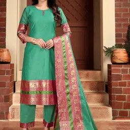 Snofi Creation Ethnic Motifs Printed Pure Cotton Straight Kurta With Trousers & Dupatta-picture-22