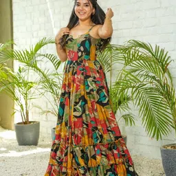 GLOSIA DESIGN Floral Print Shoulder Straps Ruffled Georgette Fit & Flare Maxi Dress image 4