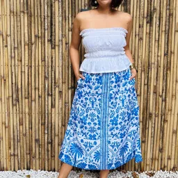 Label Tanvee Women Floral Printed Cotton Linen Midi Skirt with Pockets image 3