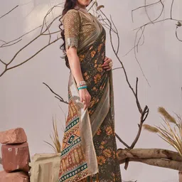 HERE&NOW Floral Printed Zari Border Pure Linen Saree With Unstithced Blouse Piece image 4