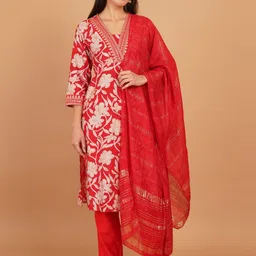 Ruvii Women Floral Printed Regular Thread Work Kurta with Trousers & With Dupatta-picture-22