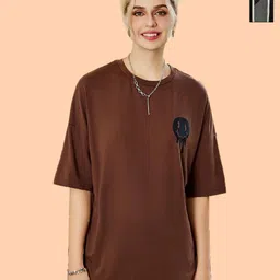 Metronaut Women Pack of 2 Typography Printed Round Neck Cotton Oversized T-shirts-image-96