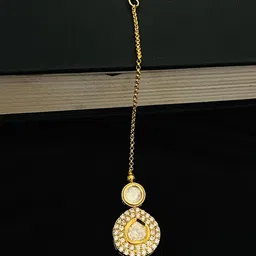 ABDESIGNS Gold-Plated Polki Kundan Studded and Pearls Beaded Maang Tikka image 4
