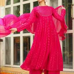 Janasya Geometric Printed Georgette Anarkali Kurta with Palazzo & Dupatta image 1