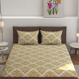 MOGNE FAB White & Gold-Toned Floral Cotton Fitted 210 TC King Bedsheet Set 2.28 m x 2.54 m-picture-18