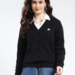 Monte Carlo Women Solid Self Design Button Detail V neck Cardigan-picture-38