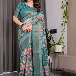 ALMAARI FASHION Floral Printed Zari Pure Cotton Banarasi Saree With Woven Design Border-picture-33