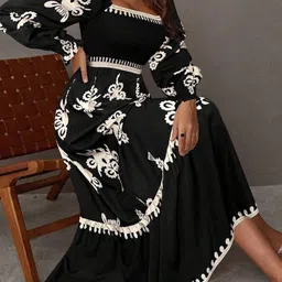 KPOP Women Floral Printed Puff Sleeve Ruffled Fit & Flare Maxi Dress-image-13